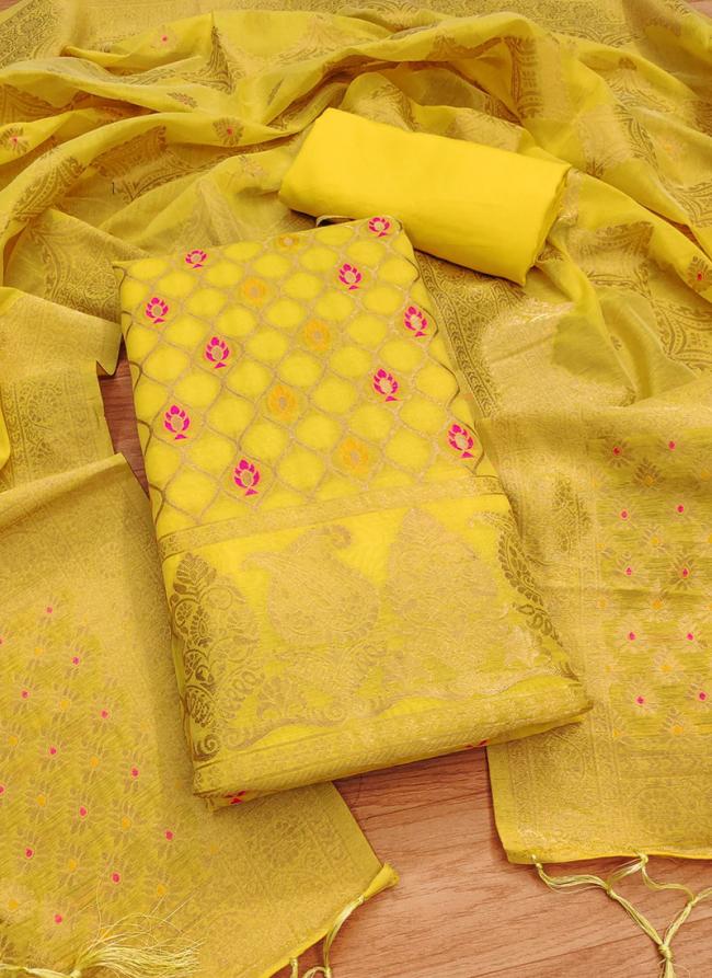 Chanderi Banarasi Silk Yellow Festival Wear Embroidery Work Dress Material